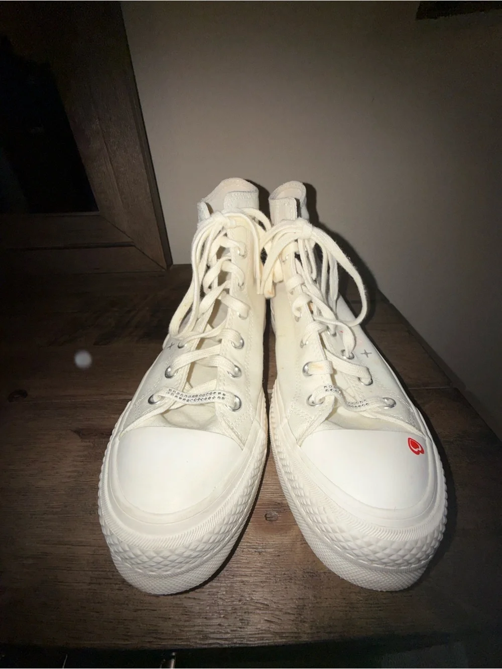 Converse White High Top Sneakers with Pink Heart Accents